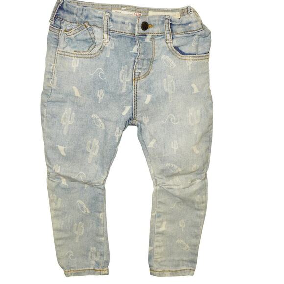 Zara Baby Boys Light Denim Jeans Western Print Cactus Boots Lasso Size 18-24M - Picture 1 of 4